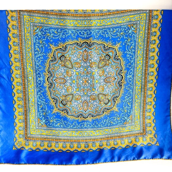 Vintage Paisley Geometric Print SILK Scarf Yellow Gold Hand Rolled Edge - Picture 5 of 6